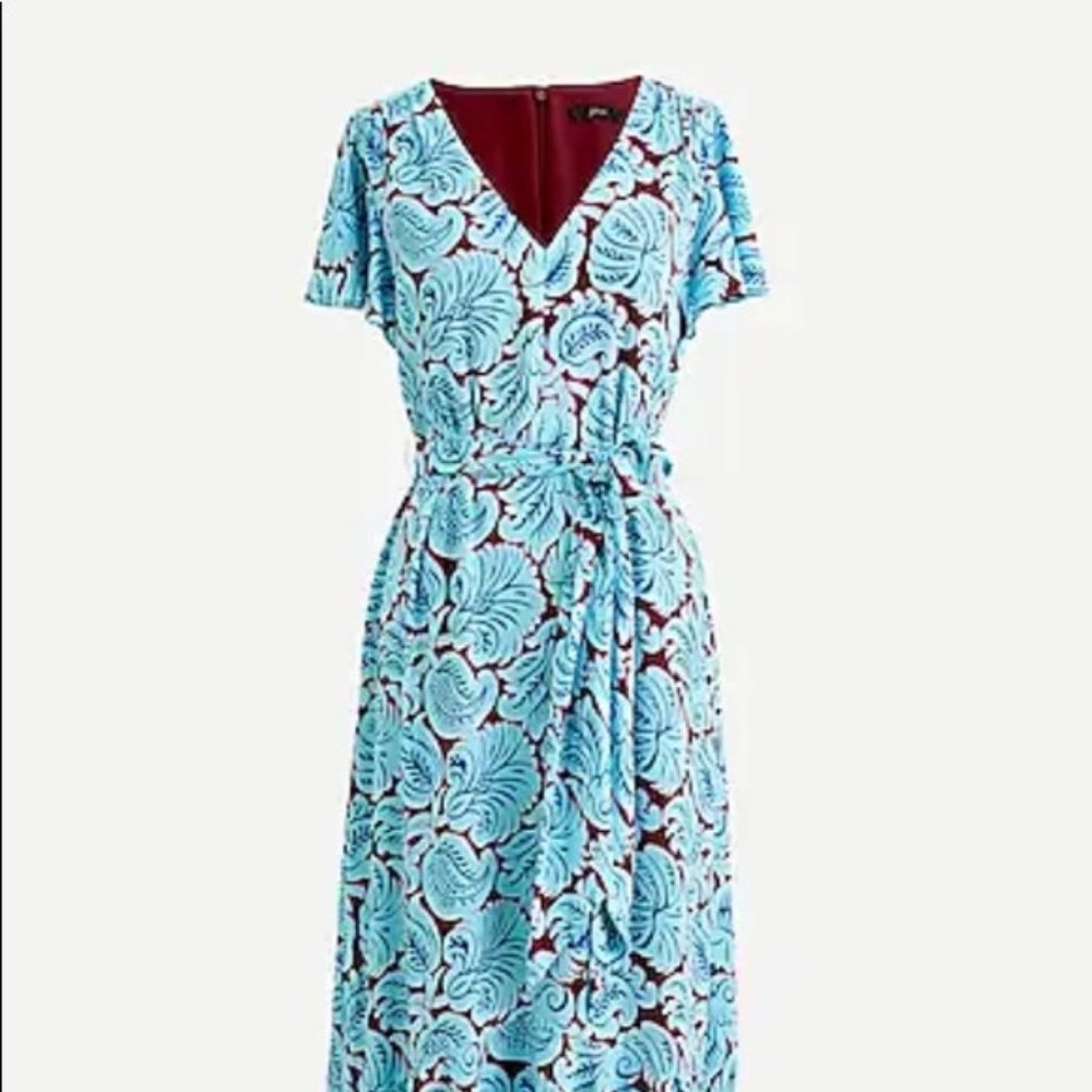 J Crew V-neck flutter-hem dress in aqua paisley 4p